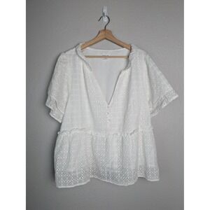 Blouse Womens 2X White Eyelet Embroidered Short Sleeve Tunic Top